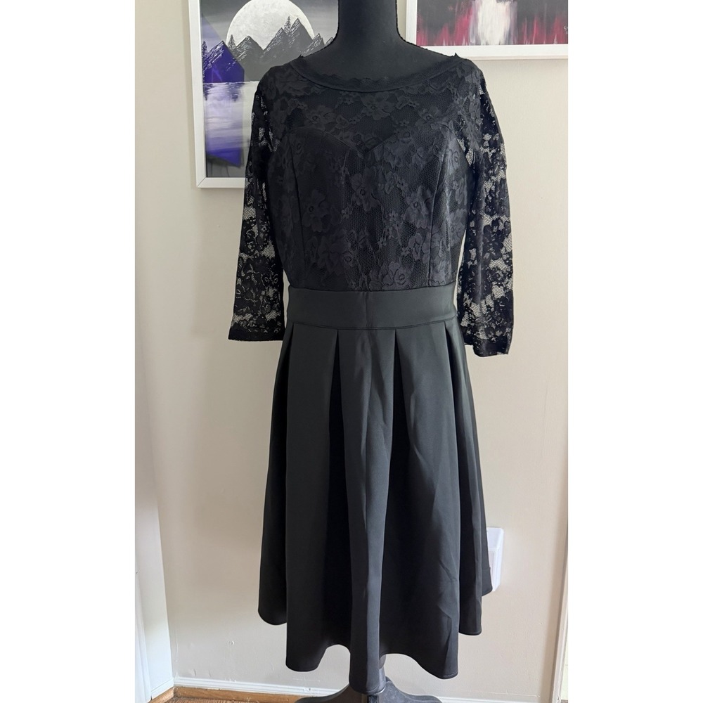 Miusol Black Lace 3/4 Sleeve A-Line Midi Dress Floral Size XL